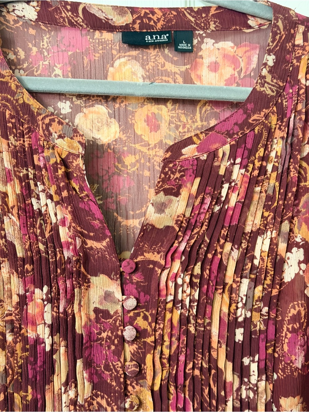 a.n.a Burgundy Floral Pintuck Blouse with Pink and Gold - Picture 5 of 8